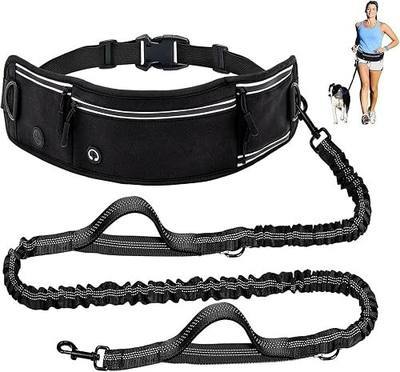 Skmeditec Hands Free Dog Leash with Waist Bag for Large Dog Walking, Shock Absorbing Bungee Leash with Zipper Pouch for Running, Dual Padded Handles & Adjustable Waist Belt