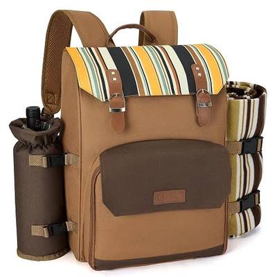 Picnic Backpack, 2-Person Set with Blanket and Wine Holder, Gray(Caramel Brown) | Insulated Compartment, Padded Straps, Oxford Fabric, Couple Gifts, Corporate Gifts, Family, Camping, Beach, Climbing, Parks