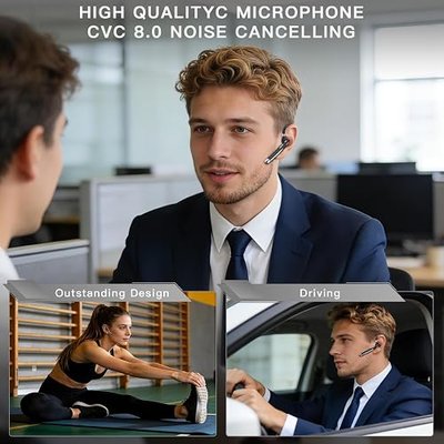 Bluetooth Headset V6.1, Wireless Bluetooth Earpiece with 500mAh Charging Case,100 Hours Talking Time, CVC8.0 Noise Cancelling Single-Ear Earphone, Hand-Free Headphones for Trucker, Office, Business