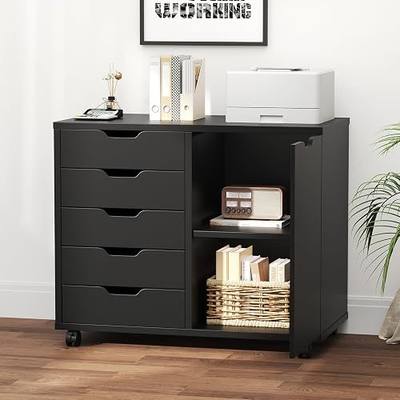 OLIXIS 5-Drawer Rolling Mobile File Cabinet Wood Printer Stand with Storage | Under Desk Storage with Locking Casters Adjustable Shelf, Wood Top 100 lbs Capacity for Home Office Organizer Compact, Black