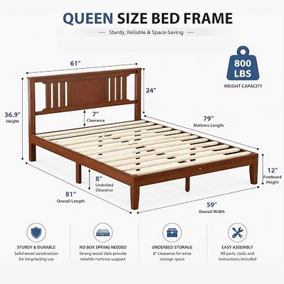 Simple Deluxe Queen Size Platform Bed Frame with Headboard, Sturdy Solid Wood Foundation with Wood Slat Support, No Box Spring Needed, Easy Assembly, Brown