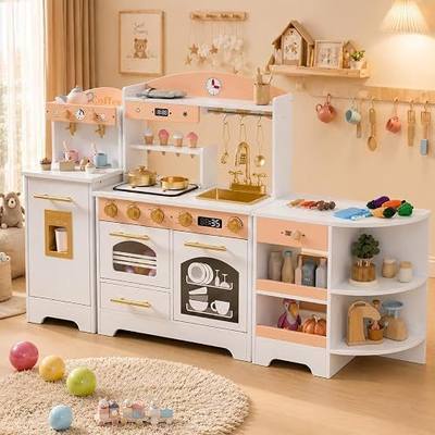 Kids Wooden Play Kitchen Set, All-in-One Pretend Kitchen Playset with Coffee Machine, Oven, Ice Maker, BBQ Grill & Accessories, Toddler Kitchen Toy for Boys & Girls Ages 3+