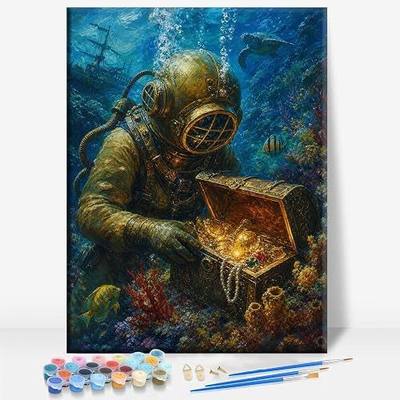 Aeontinity DEEP SEA Diver with Treasure Chest Fantasy Framed Canvas DIY Paint by Numbers Kit Bar Cafe Cave Home Room Wall Bathroom Porch Patio Decor Gift, 16 x 12 Inch