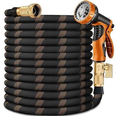 Flexible Garden Hose 100 FT, Ultra Lightweight Water Hoses w/10 Function Sprayer and 3/4" Brass Fittings, Kink-Free, Sturdy, Abrasion Resistant for Yard, Lawn, Outdoor and Gardening(Black Orange)