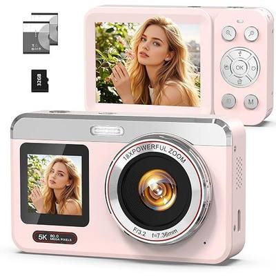5K Digital Camera with Auto Focus, 80MP Point and Shoot Camera for YouTube, Dual Screen Vlogging Camera for Travel, 18X Zoom Compact Camera for Beginners & Teens with 32GB Card, Pink