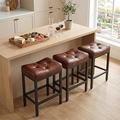 Bar Stools Set of 4, 24 Inch Counter Height Stools with Thick Brown Saddle Seat, Padded with High-Density Sponge & Bonded Leather, Heavy Duty Metal Base and Non-Slip Feet for Kitchen Island