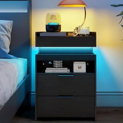 Baoz Modern Nightstand with Charging Station & LED Lights for Bedroom,Black | 18" Wide Night Stand with Sliding Top & Hidden Compartment, 28" Tall Bedside Table with Drawers