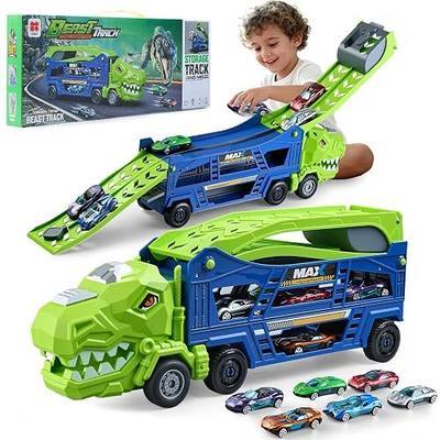 Dinosaur Truck Toys for Kids 3-5 - Transporter Carrier Trucks with 6 Die-Cast Cars Toys, 3 in 1 Truck with 2 Foldable Race Tracks, Christmas Birthday Gifts Toys for 3 4 5 6 Years Old Boys(Jungle Blue)