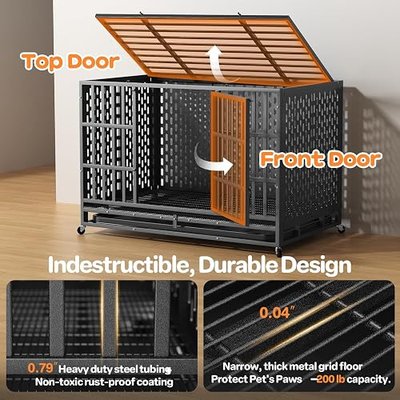 48 Inch Heavy Duty Dog Crate, Escape-Proof, for High Anxiety | Heavy duty steel, Chew-proof, Dual doors with escape-proof locks, Removable easy clean tray, Locking casters, Easy assembly