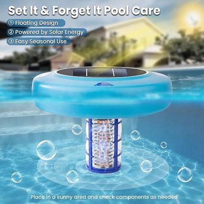 Solar Powered Pool Water Care Device for Above Ground & Inground Pools Up to 45,000 Gallons, Floating Pool Maintenance System with Thick Anode Component, Low Maintenance Pool Care Solution