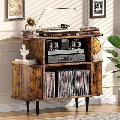 Large Record Player Stand with Storage and Shelves, Mid Century Modern Record Player Cabinet with Doors, Vinyl Record Player Table Holds 150+ Records for Living Room Bedroom, (Brown) | Mid Century Modern Record Player Cabinet with Doors, Vinyl Record Player Table Holds 150+ Records for Living Room B