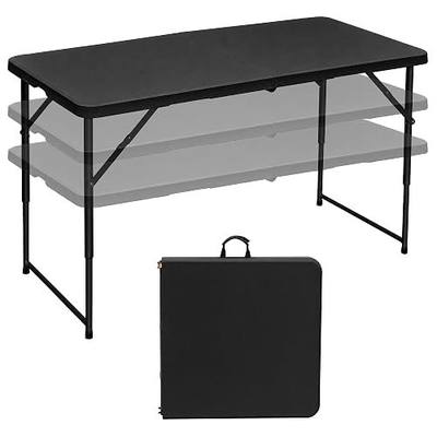 VECELO Folding Table 4 Ft, 3 Adjustable Height, Portable w/Handle, Black | Fold-in-Half, Heavy Duty, Space Saving, Plastic Utility Table, for Camping, Party, Dining, Indoor & Outdoor Use