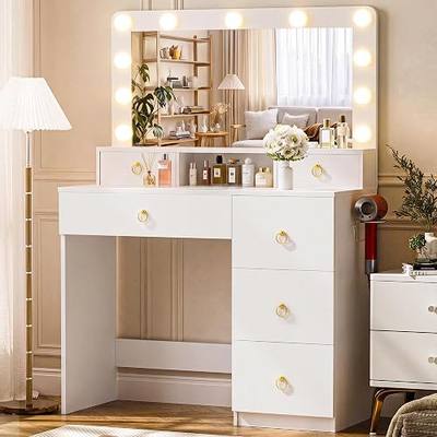 COMHOMA Makeup Vanity Desk with Mirror and Lights, Vanity Table with Divided Drawer and Storage Cabinet, 32In Full Size Mirror& Adjustable 3 Color Modes, Open Storage Shelf, White and Gold