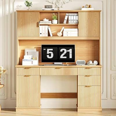 Halitaa Farmhouse Executive Desk with 5 Drawers & 3 Storage Cabinets,Oak | 59" Rustic Large Home Writing Desk with Hutch, Computer Workstation for Home Office, Bedroom