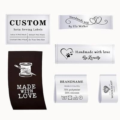 Custom Satin Sewing Labels,Clothing Fabric Tags,60-500pcs Personalized Handmade with Love Tags|Personalized Sew On Name Tags for Knitting,Quilting and Sewing Crafts (2x3 in (5x7.6cm))