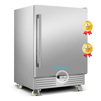 FoMup 24" Undercounter Outdoor Beverage Fridge, Stainless Steel with Wheels | Waterproof exterior, 180 cans capacity, for outdoor kitchen patio, Digital thermostat, Adjustable shelves, Safety lock
