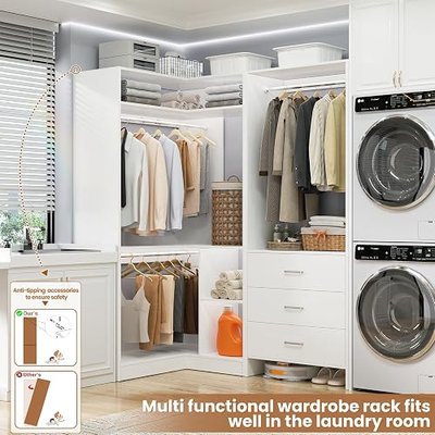 Aheaplus Closet System with 3 Drawers, 2 Hanging Rods & Corner Tower, Corner Closets System with Hanging, L-Shaped Walk-In Wardrobe Organizer, 1300+ lbs Capacity, Set of 2, White