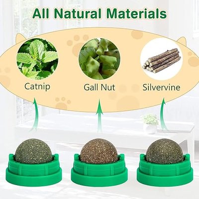 3 Pack Catnip Balls, Catnip Ball for Cats Wall, Edible Kitty Toys for Cats Lick, Safe Healthy Kitten Chew Toys, Teeth Cleaning Dental Cat Toys, Cat Wall Treats (1, Green)