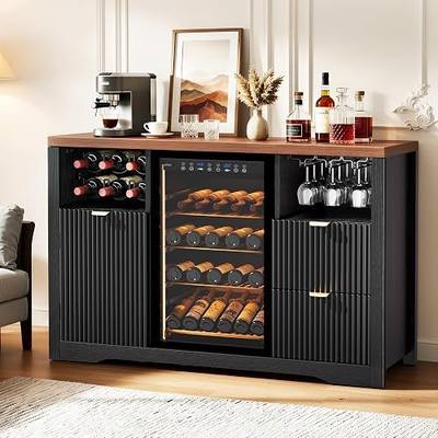 Coffee Bar Cabinet with Fridge Space, 53"Wine Cabinets with Storage Drawer | Wood Sideboard Table, Fluted Liquor Cabinet with Wine Rack,Glass Holder for Home,20"D x 53"W x 39.4"H-Black