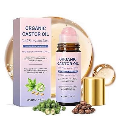 Organic Castor Oil Rose Quartz Roller Ball, 100% Pure, Cold-Pressed, Unrefined & Hexane-Free, Moisturizing Facial Oil for Face & Under Eyes, Cooling Facial Massage Roller for Puffiness & Dry Skin