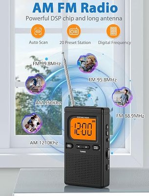 2000mAh Rechargeable AM FM Radio with Bluetooth Portable Transistor Pocket Radio with Best Reception Digital Tuning, Flashlight,LCD Screen,Earphone Jack, Sleep Timer and Alarm Clock for Jogging