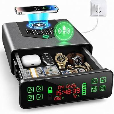 Biometric Smart Gun Safe with Wireless Charging, Voice Unlock Drawer Safe | 6-Way Quick Access, LCD Display, Temperature & Humidity Monitor, Audible Alarm Clock, for Nightstand, Gift for Men