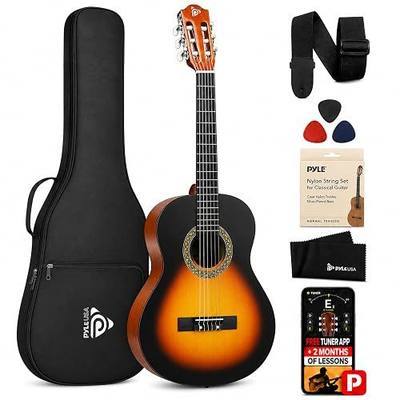 Pyle Beginner Acoustic Guitar Kit, 1/4 Junior Size All Wood Instrument for Kids, Adults, 30" Sunburst Teardrop Matte