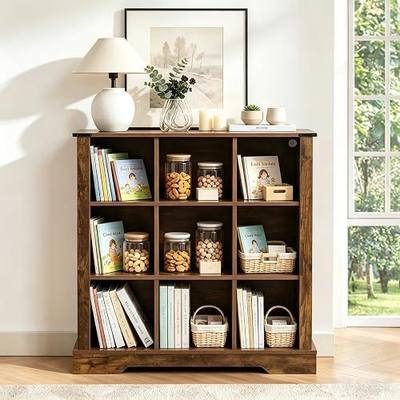 9 Cube Storage Organizer, Wood Cube Bookshelf with LED Lights, Horizontal Storage Cubes, Kids Bookshelf, Display Cabinet Cubby Shelf for Living Room Home Office Bedroom,Brown