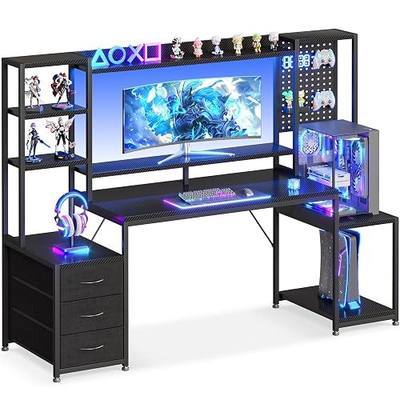 AODK 67 Inch Gaming Desk with 3 Drawers & Display Shelves, PC Computer Desk | PC Gaming Desk with LED Lights & Hutch & Pegboard, Reversible Office Workstation, Fabric Drawers for Storage