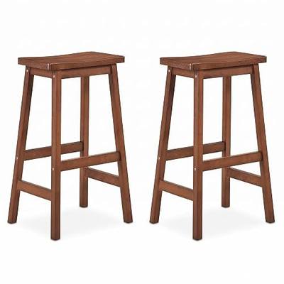 COSTWAY 29-inch Solid Wood Saddle Stools Set of 2 with Footrests, Walnut | Backless Bar Stools with Rubber Wood Curved Seat, Mid-Century Modern Wooden Counter Chairs for Kitchen Island Dining Room