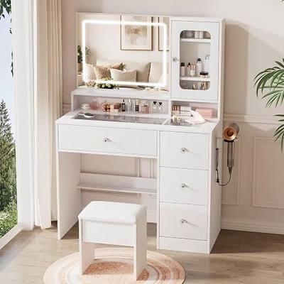 LIVELYGLOW 35.4" White Makeup Vanity Desk with Glass Top & Acrylic Cabinet | Acrylic Cabinet Door, Spacious Glass Desktop, Smart LED Mirror, Built in Power Outlet