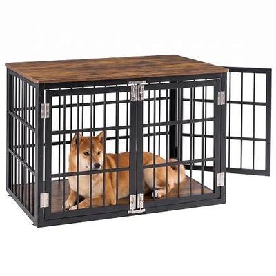 DUMOS Dog Crate Furniture for Large Dogs, 42 Inch Modern Kennel Table with Double Lock Doors & Thickened Top, Heavy Duty Wooden Indoor Crate for Large Breeds, Black & Rustic Wood
