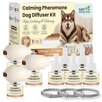 Dog Pheromones Calming Diffuser to Calm Dogs 11 IN 1 Kit (3 Diffusers+5 Refills+3 Collars) Pheromone Plug In for Stress Barking Pee Accidents Chewing Aggression Separation Anxiety Relief(Odorless)