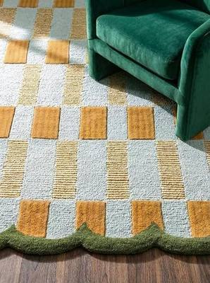 Hand-Tufted Scalloped Wool Area Rug, Modern Plaid Checkered Pattern, Soft & Durable Cozy Accent Rug for Living Room, Bedroom & Nursery, Handmade Decorative Carpet (Light Blue, 8' x 10')
