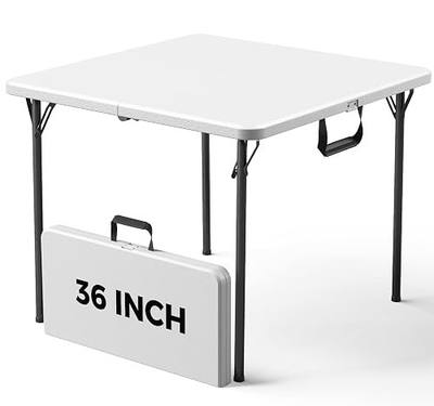 36 Inch Square Folding Table, Heavy Duty Fold-in-Half Card Table with Carry Handle, Portable Foldable Utility Table for Camping, Picnic, BBQ, RV Travel, Crafting, Indoor Outdoor Use, White