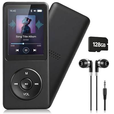 128GB MP3 Player with Bluetooth 5.3 Earphones Included | Portable, HiFi Sound, Built-in Speaker/FM Radio/Voice Recorder/E-Book, Lossless Sound, Multifunctional, Music Player, Slim